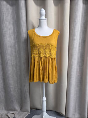 Paper Plane Sleeveless Crochet Trim Tunic Top in Mustard Summer Festival Size 2x
